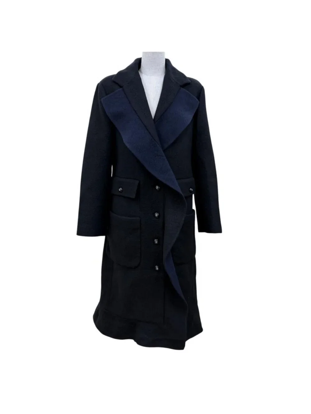 Chanel Cashmere Silk Blend CC Logo Button Chesterfield Black Navy 34 Jacket